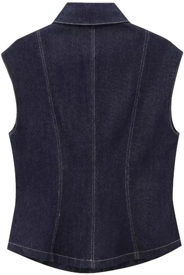 Women Denim Tops Turn-Down Collar Single Breasted Chic Sleeveless Tank Top Vintage Vest