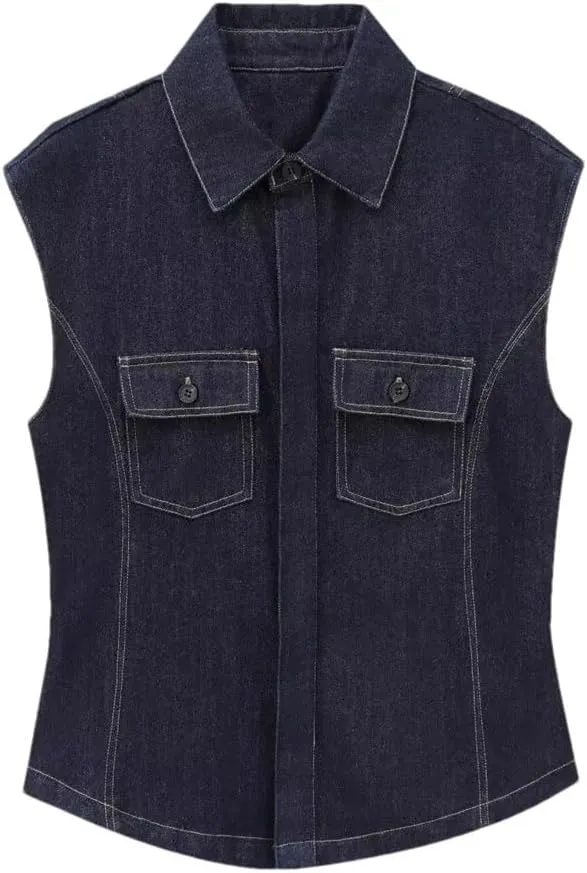 Women Denim Tops Turn-Down Collar Single Breasted Chic Sleeveless Tank Top Vintage Vest
