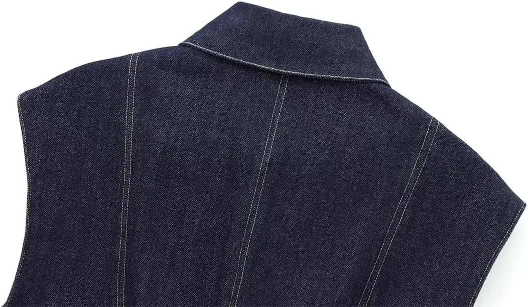 Women Denim Tops Turn-Down Collar Single Breasted Chic Sleeveless Tank Top Vintage Vest