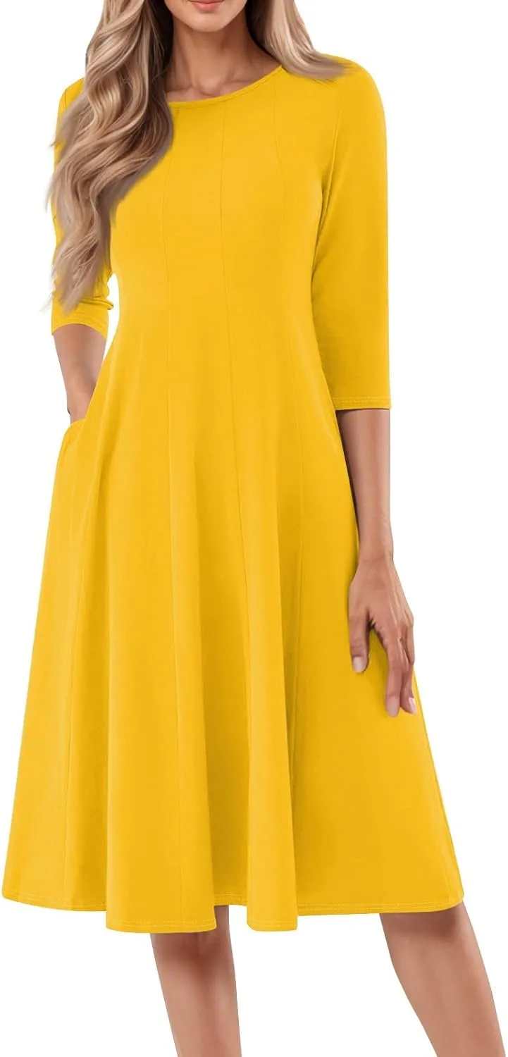 Women Dresses Formal for Church Summer Spring Solid Flowy Vintage 3/4 Sleeve Midi Casual Swing