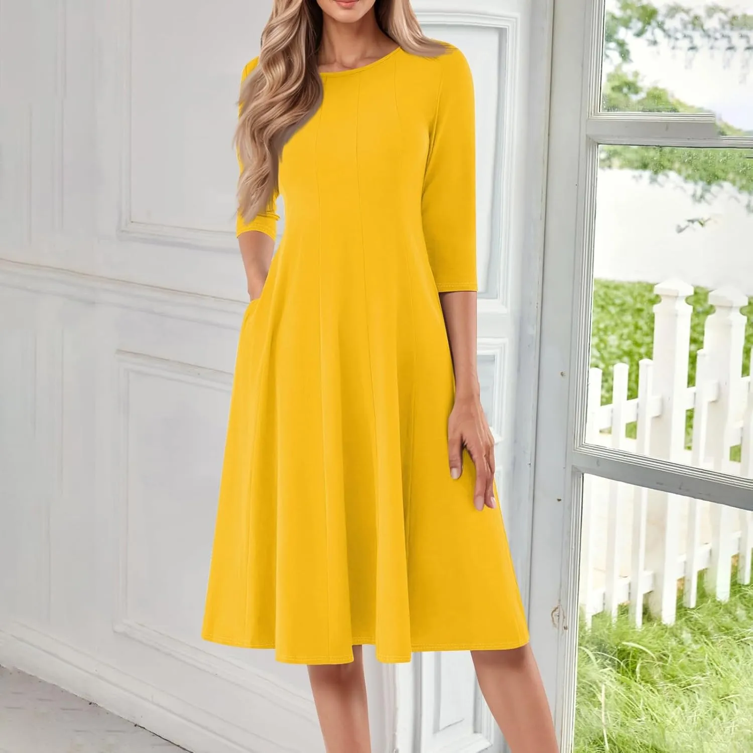 Women Dresses Formal for Church Summer Spring Solid Flowy Vintage 3/4 Sleeve Midi Casual Swing