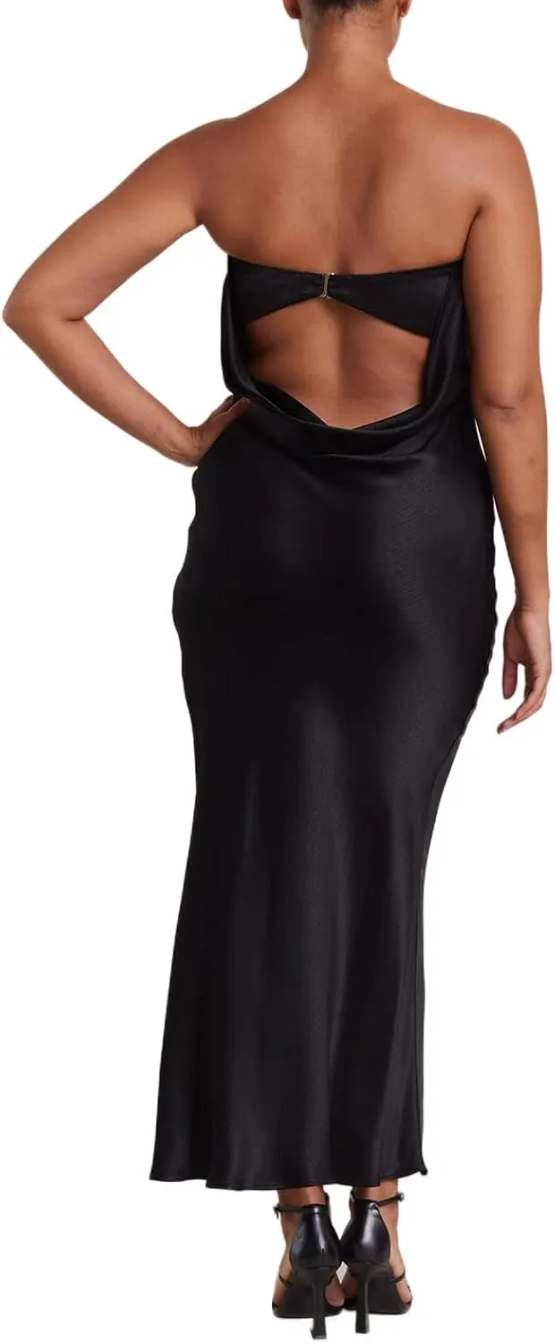 Women Elegant Tube Top Strapless Long Dress Open Back Satin Party Cocktail Bodycon Dress