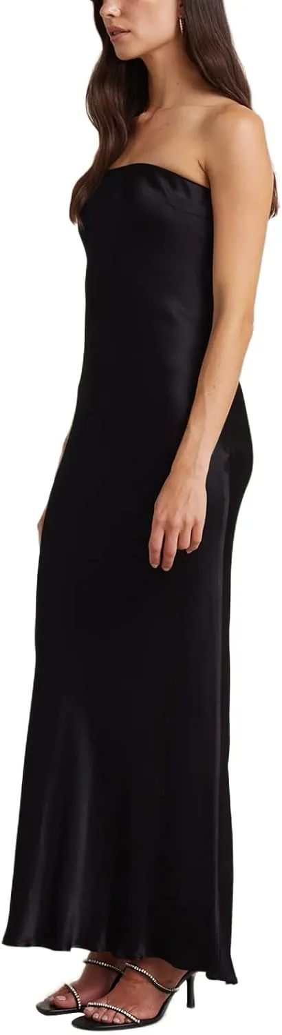 Women Elegant Tube Top Strapless Long Dress Open Back Satin Party Cocktail Bodycon Dress