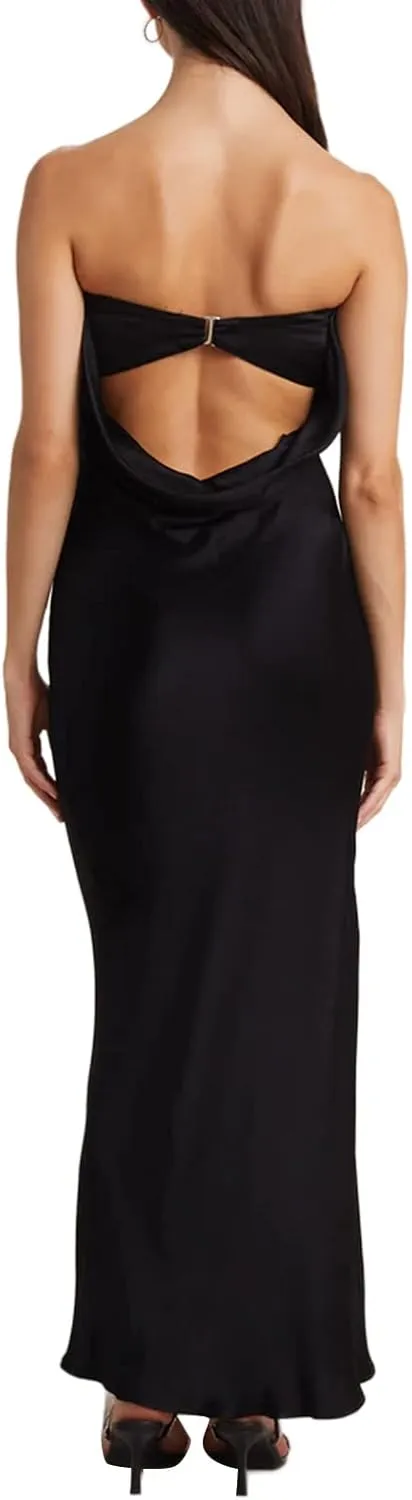 Women Elegant Tube Top Strapless Long Dress Open Back Satin Party Cocktail Bodycon Dress