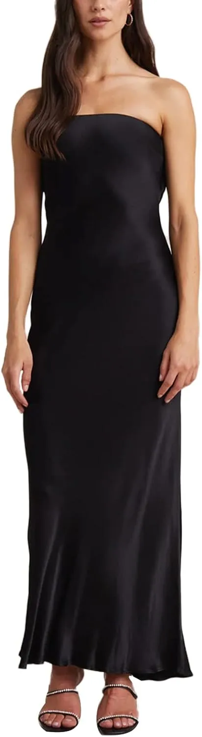 Women Elegant Tube Top Strapless Long Dress Open Back Satin Party Cocktail Bodycon Dress
