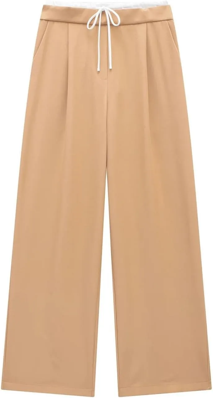 Women Fashion Tongle Style Multicolor Lace Wide Leg Pants Chic Drawstring Joker Pants Trousers Mujer