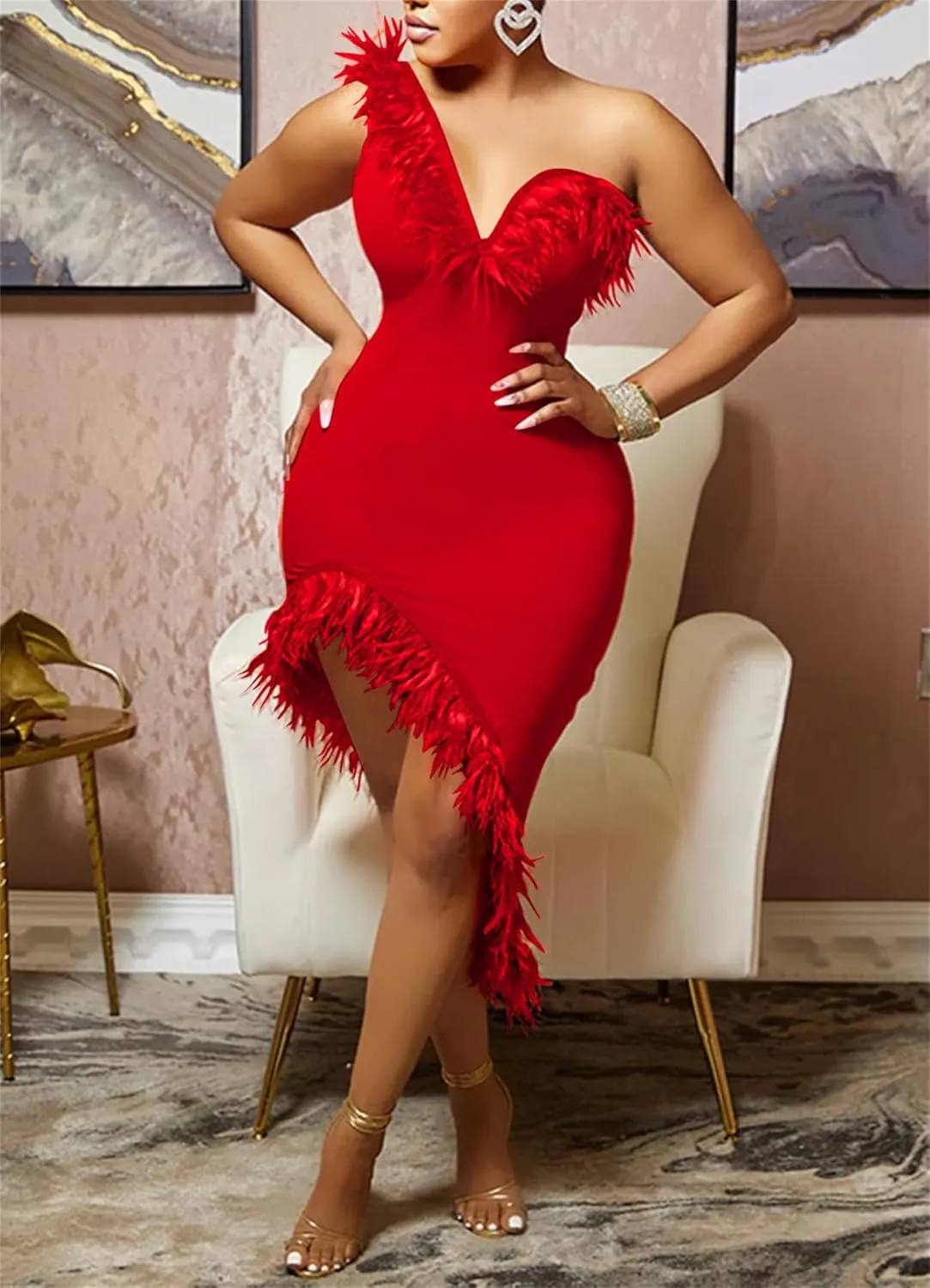 Women Sexy One Shoulder Wedding Guest Maxi Dress Wrap Bodycon Feather Cocktail Evening Party Midi Dress Clubwear