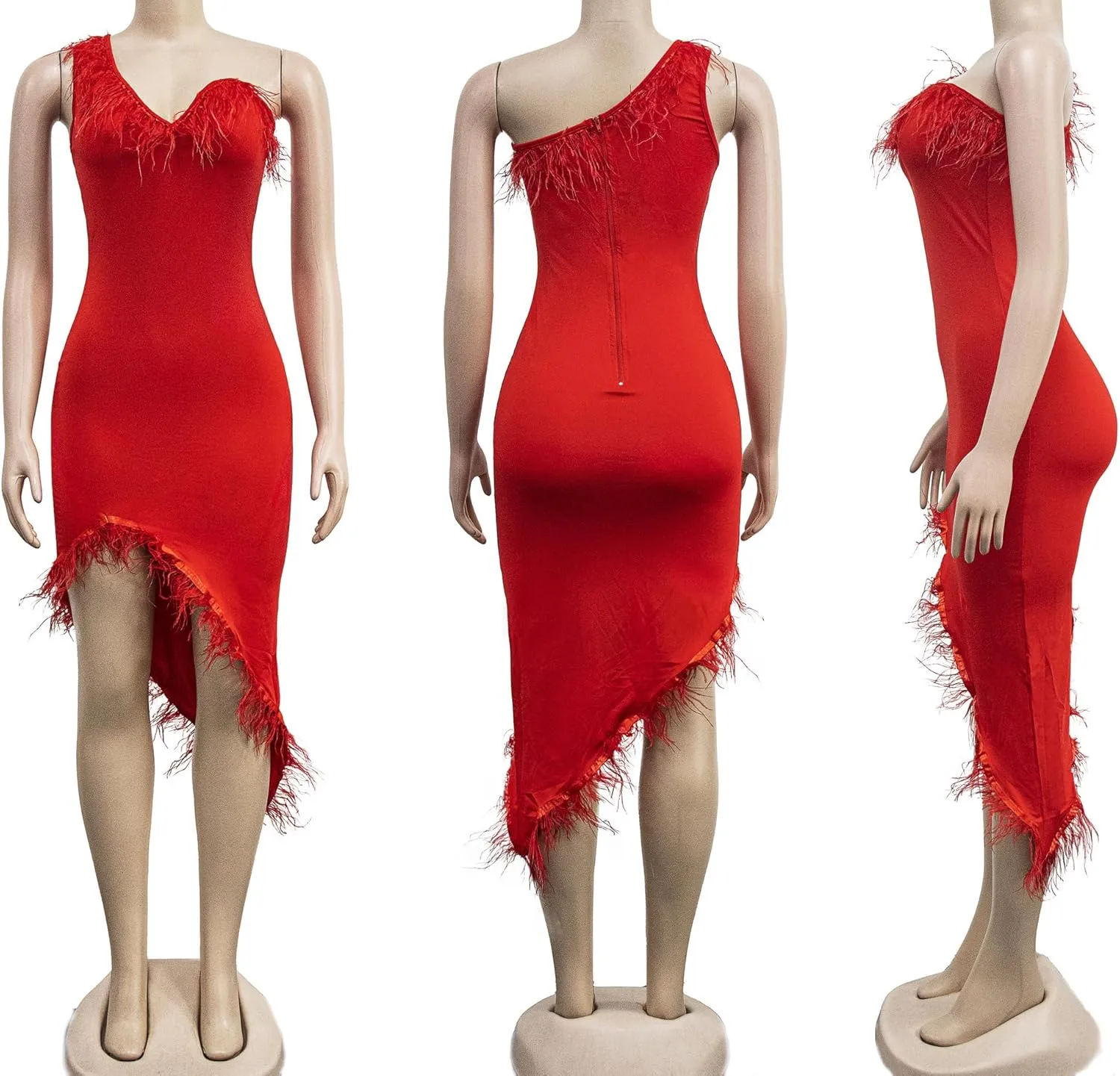 Women Sexy One Shoulder Wedding Guest Maxi Dress Wrap Bodycon Feather Cocktail Evening Party Midi Dress Clubwear