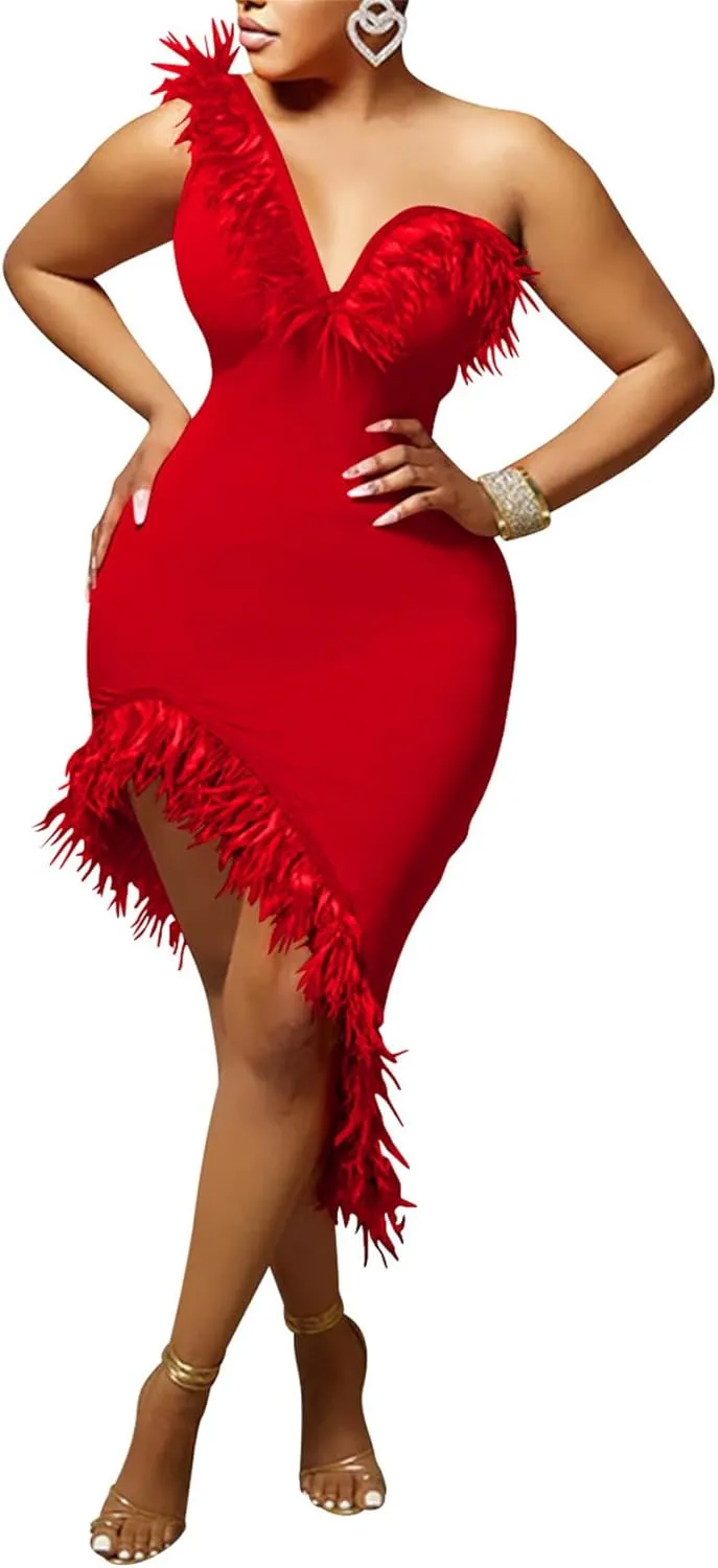 Women Sexy One Shoulder Wedding Guest Maxi Dress Wrap Bodycon Feather Cocktail Evening Party Midi Dress Clubwear