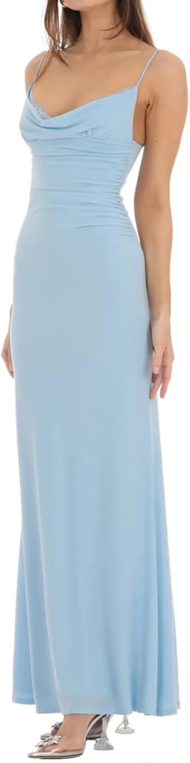 Women Spaghetti Strap Long Dress Casual Backless Lace Patchwork Bodycon Maxi Dress Elegant Party Evening Dress