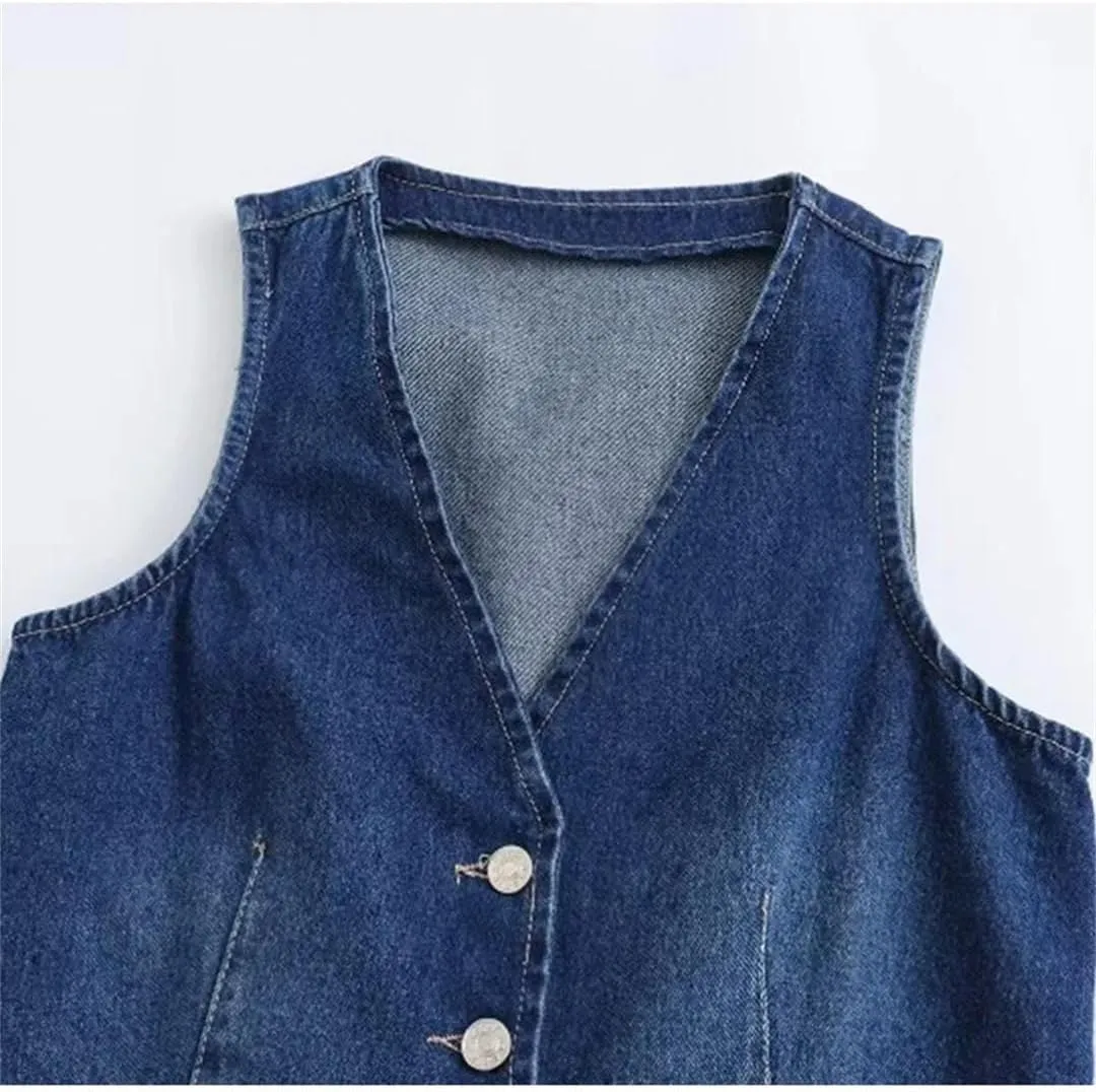 Women Vintage Denim V-Neck Sleeveless Single Breasted Cowboy Shirts Chic Street Base Tops Vests