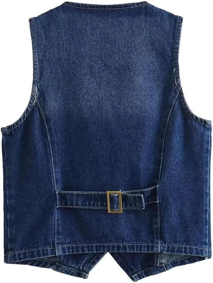 Women Vintage Denim V-Neck Sleeveless Single Breasted Cowboy Shirts Chic Street Base Tops Vests