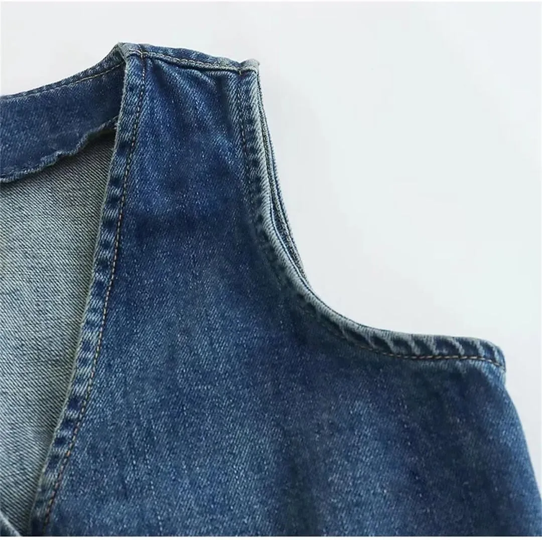 Women Vintage Denim V-Neck Sleeveless Single Breasted Cowboy Shirts Chic Street Base Tops Vests