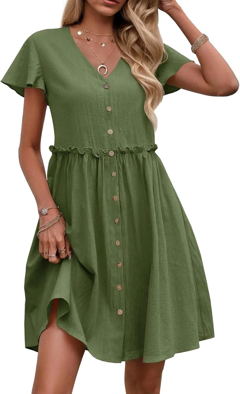 Womens 2025 Midi Dress V Neck Beach Wedding Guest Linen Dress Lightweight Breathable Solid Color Summer Outing Dress