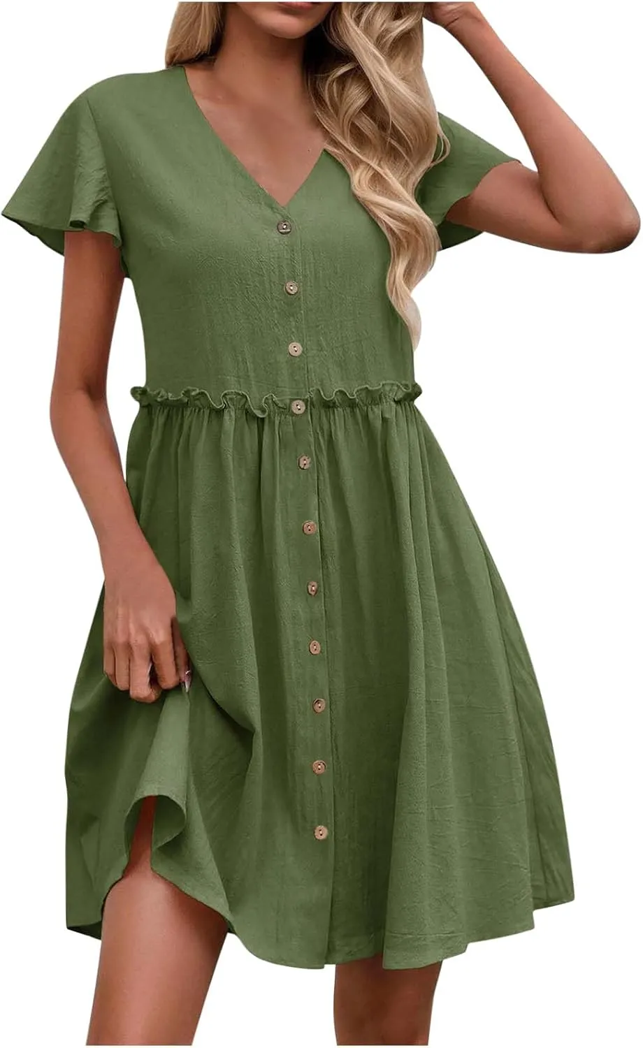Womens 2025 Midi Dress V Neck Beach Wedding Guest Linen Dress Lightweight Breathable Solid Color Summer Outing Dress