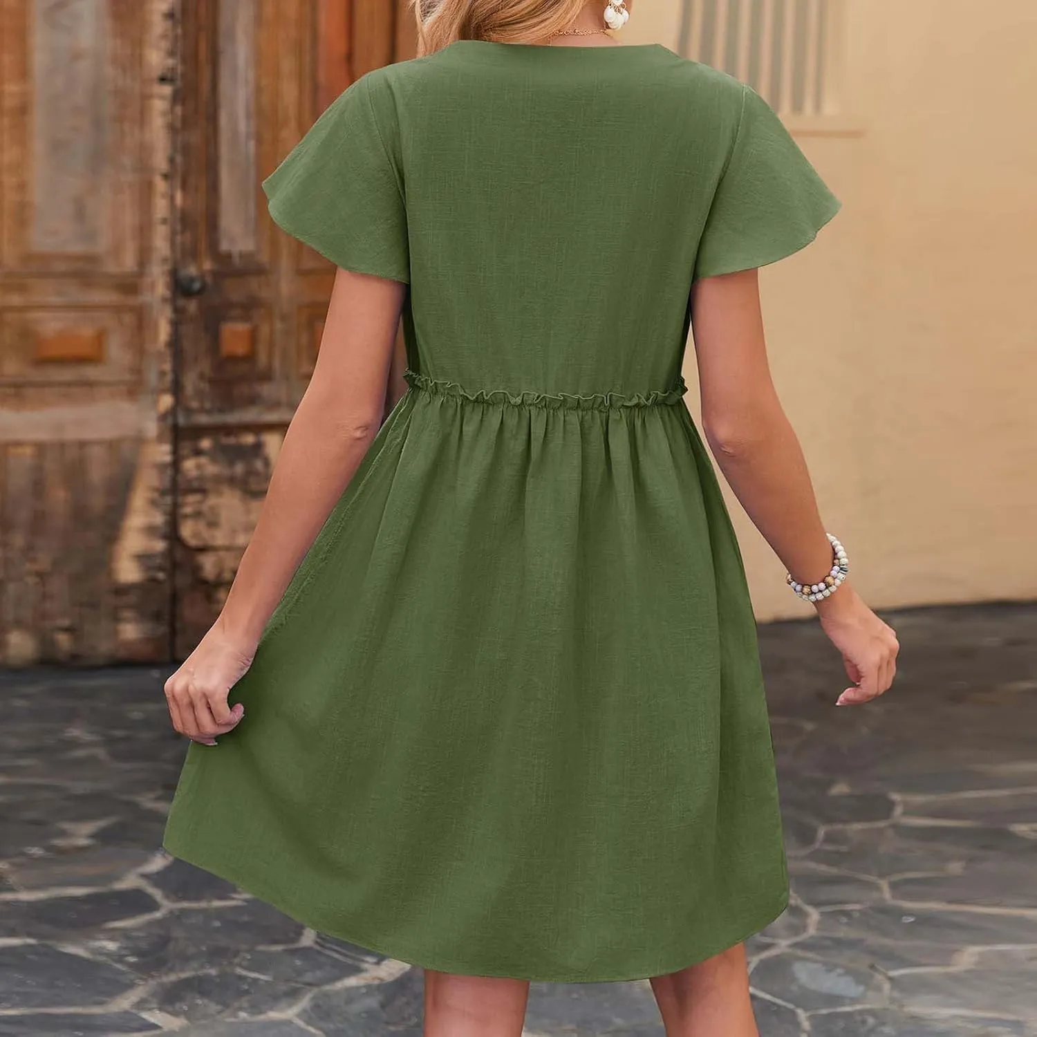 Womens 2025 Midi Dress V Neck Beach Wedding Guest Linen Dress Lightweight Breathable Solid Color Summer Outing Dress