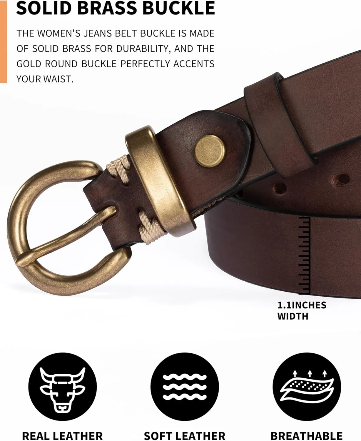 Womens Belt for Jeans Genuine Leather Belt Vintage Solid Brass Circle buckle Gift Box Packaging