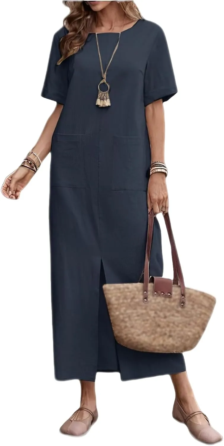 Womens Casual Summer Midi Dress Short Sleeve Crewneck Linen Tshirt Dress Slim Fit Elegant Beach Vacation Long Dresses