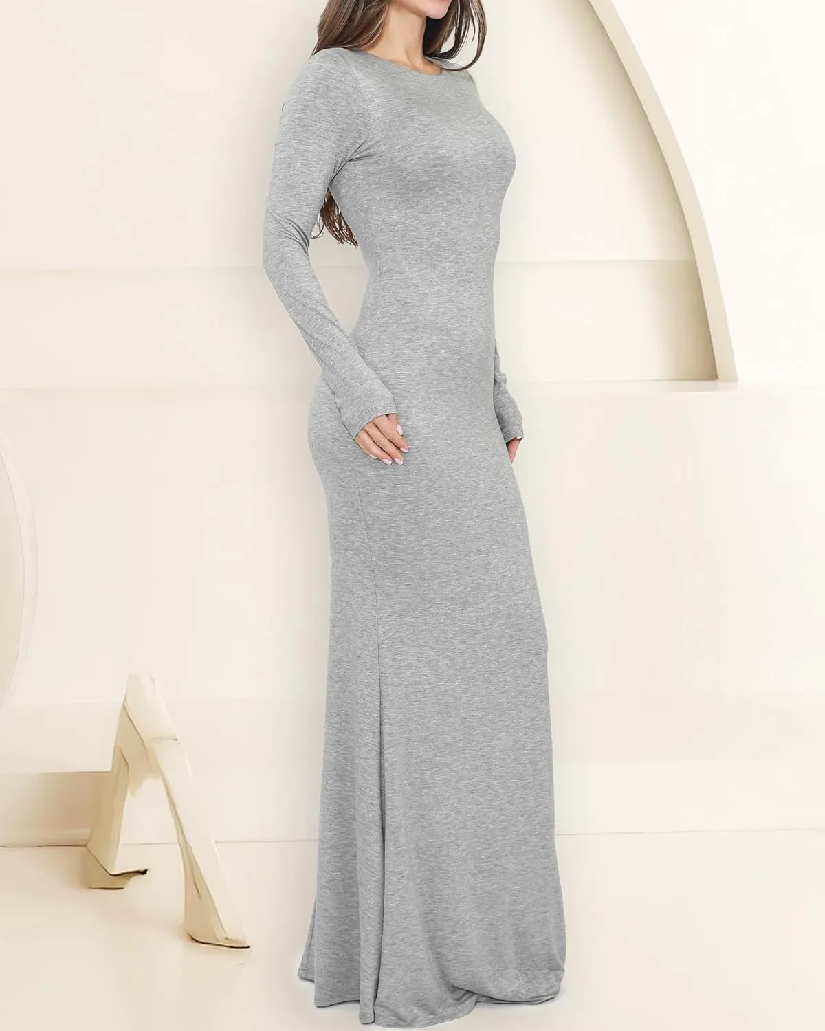 Womens Crew Neck Long Sleeve Maxi Dress Elegant Bodycon Mermaid Long Dress