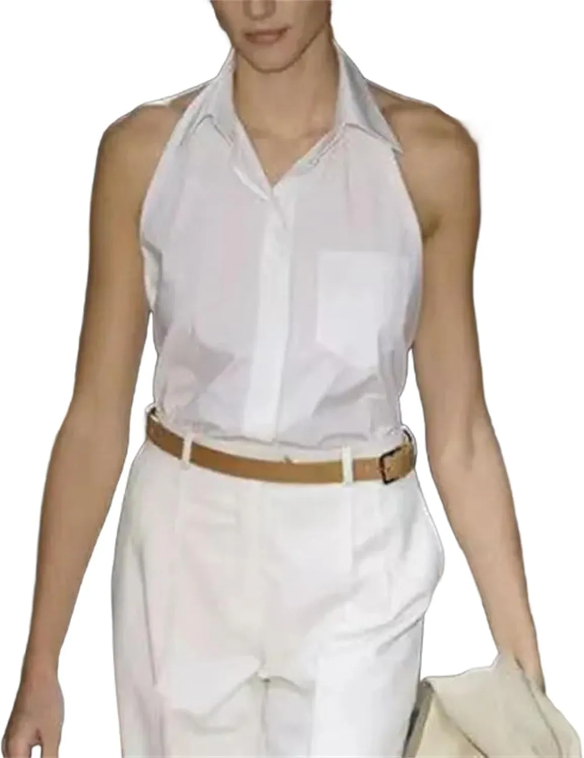 Women's Loose Casual Office Lady Shirt Solid Button Pockets Lapels Sleeveless Chic Tops