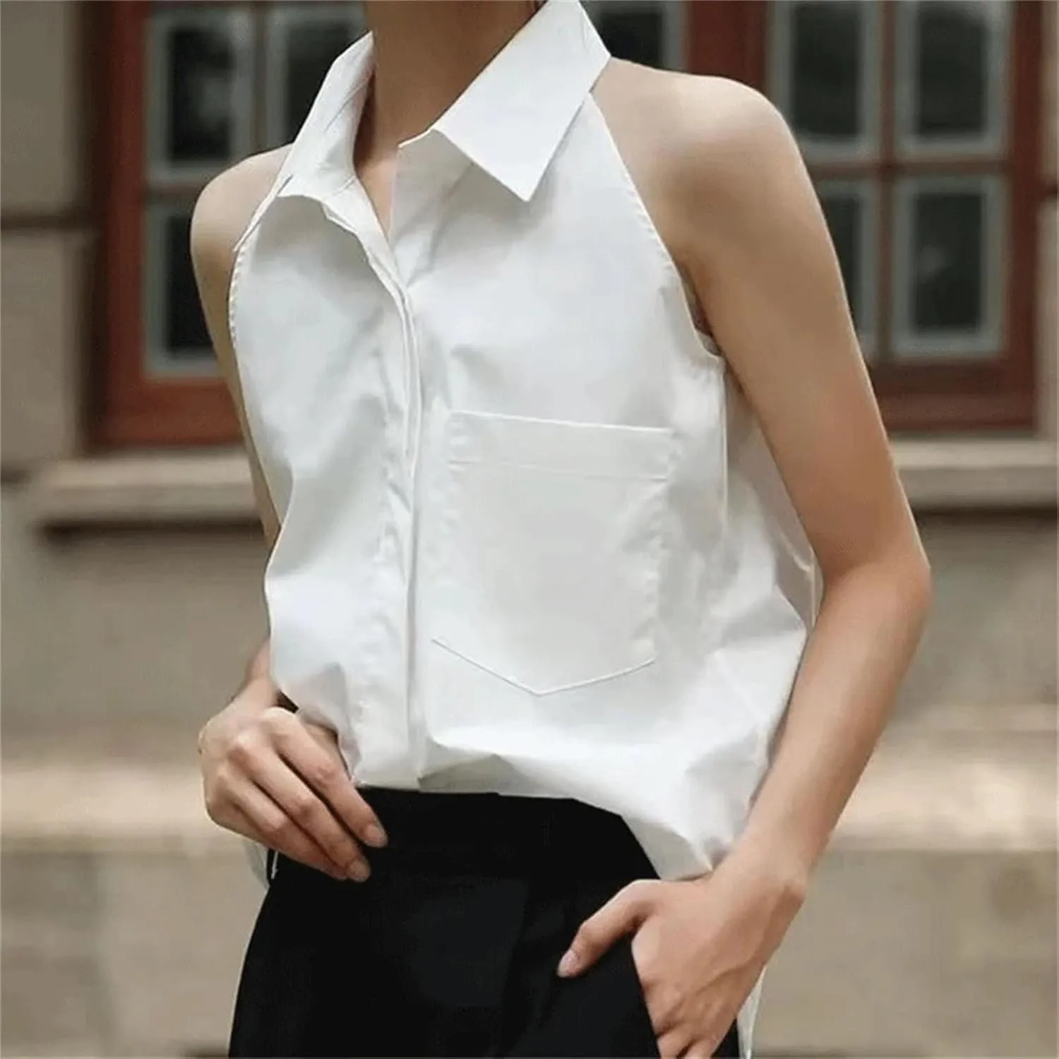 Women's Loose Casual Office Lady Shirt Solid Button Pockets Lapels Sleeveless Chic Tops