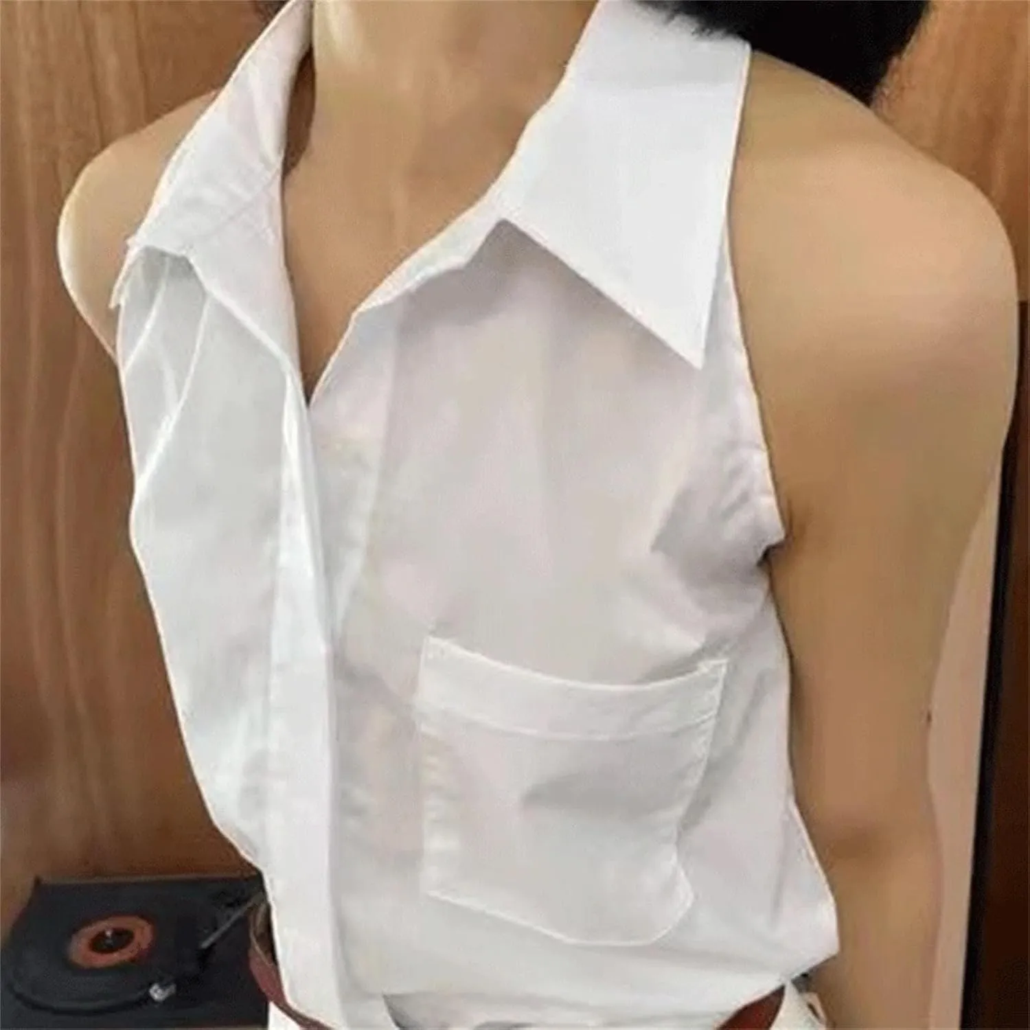 Women's Loose Casual Office Lady Shirt Solid Button Pockets Lapels Sleeveless Chic Tops