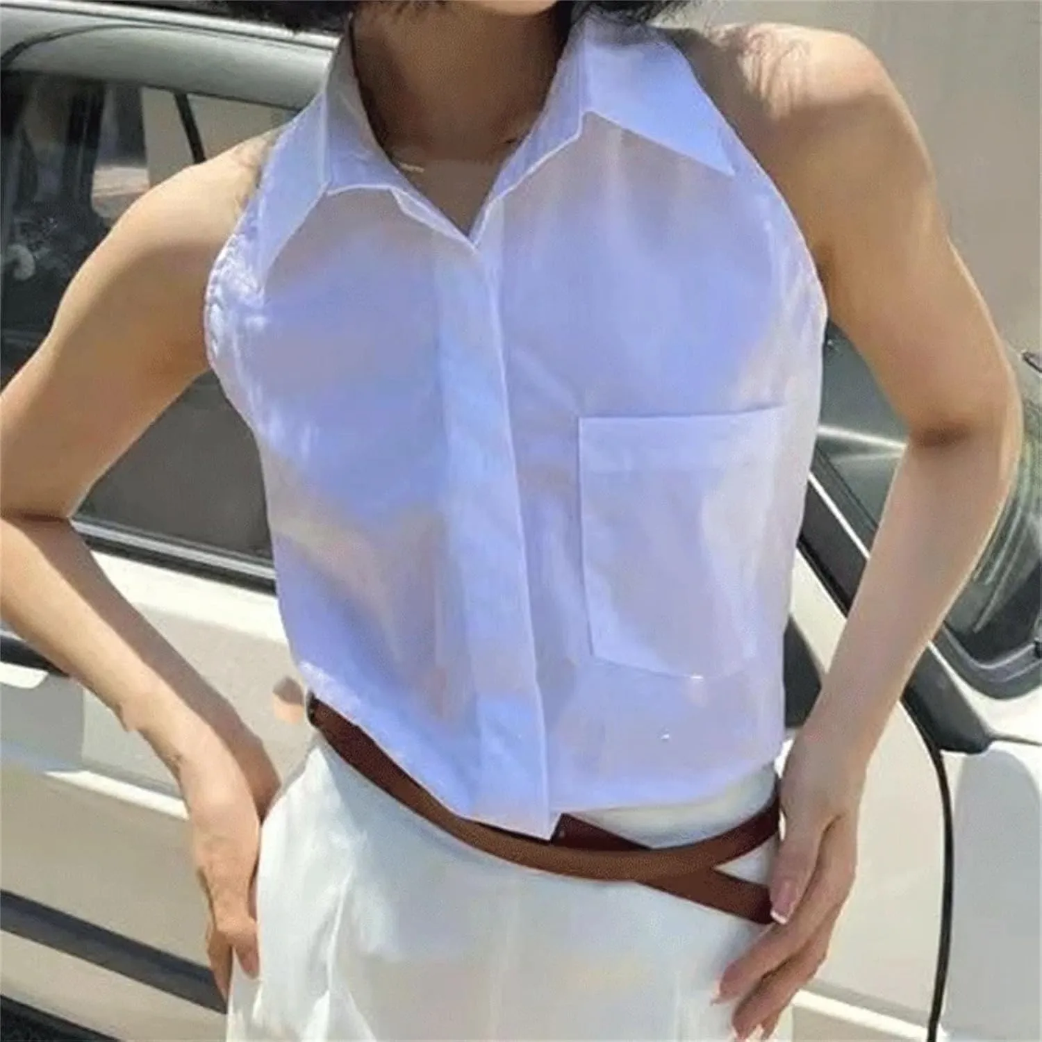 Women's Loose Casual Office Lady Shirt Solid Button Pockets Lapels Sleeveless Chic Tops