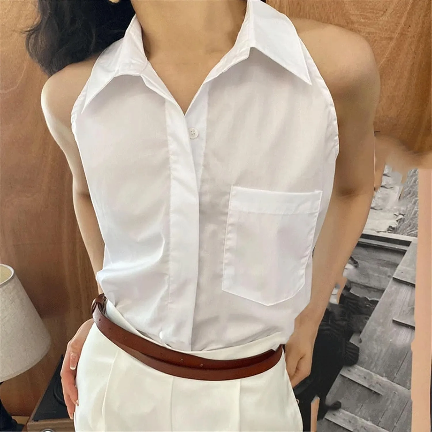 Women's Loose Casual Office Lady Shirt Solid Button Pockets Lapels Sleeveless Chic Tops