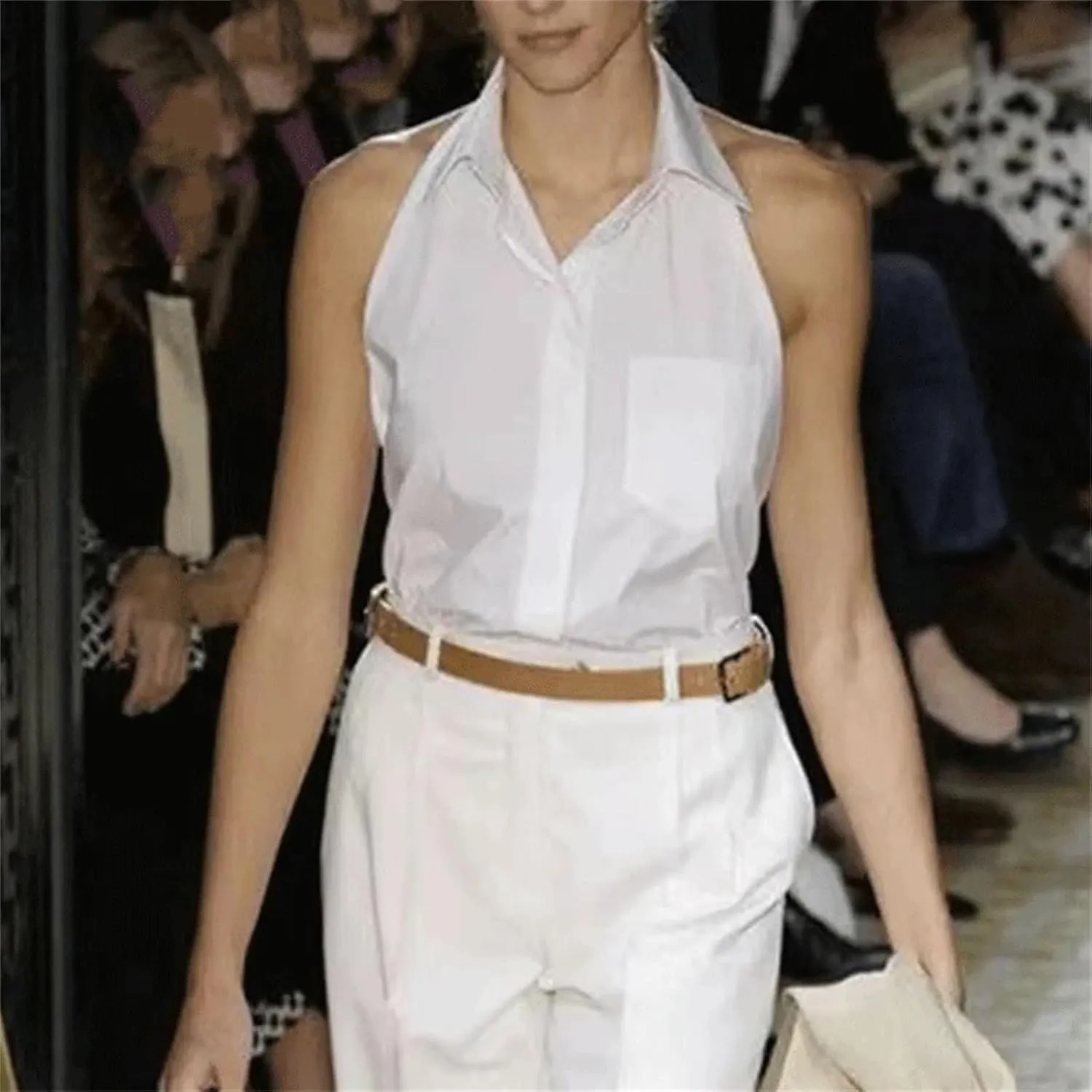 Women's Loose Casual Office Lady Shirt Solid Button Pockets Lapels Sleeveless Chic Tops