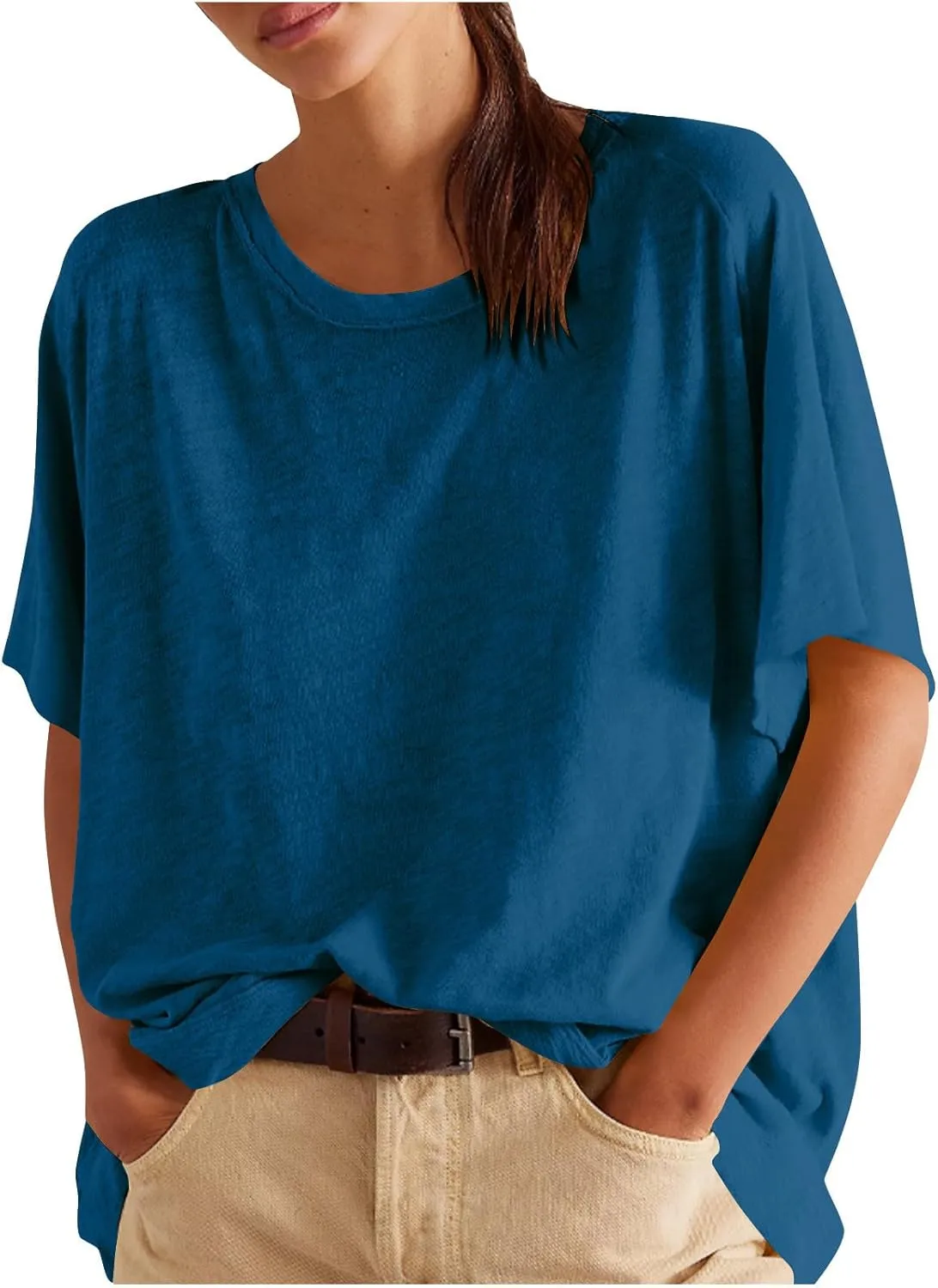 Womens Oversized T Shirts Loose Fit Crewneck Petal Short Sleeve Cotton Summer Tops Basic Tees Trendy Baggy T-Shirt