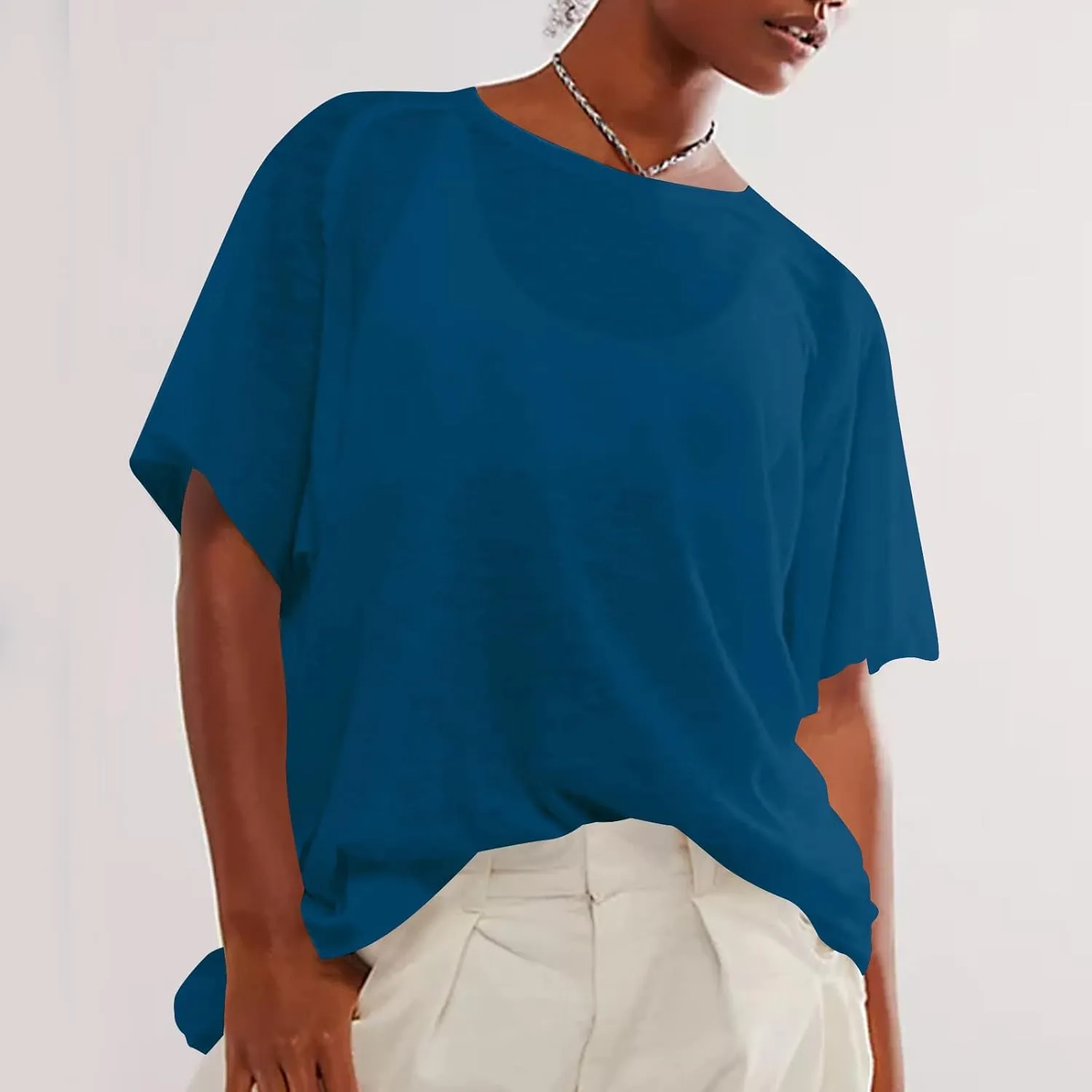 Womens Oversized T Shirts Loose Fit Crewneck Petal Short Sleeve Cotton Summer Tops Basic Tees Trendy Baggy T-Shirt