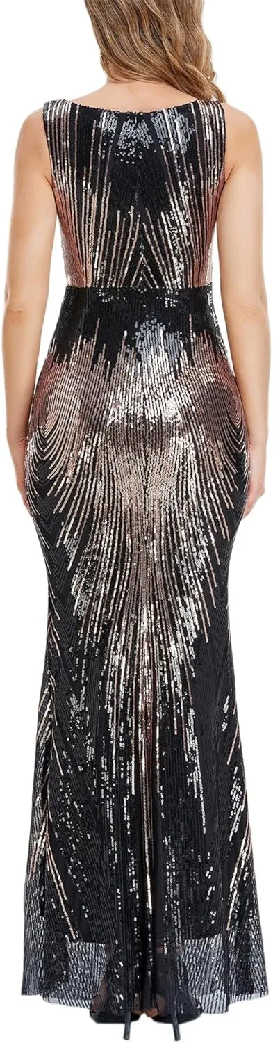 Women's Round Neck Sleeveless Shinning Sequins Elegant Mermaid Evening Dress