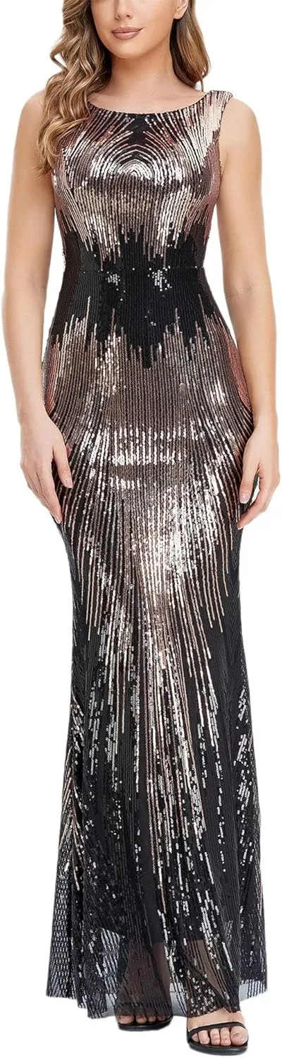 Women's Round Neck Sleeveless Shinning Sequins Elegant Mermaid Evening Dress
