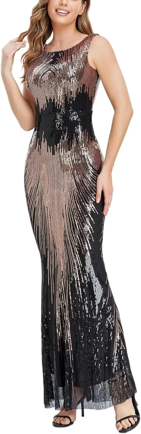 Women's Round Neck Sleeveless Shinning Sequins Elegant Mermaid Evening Dress