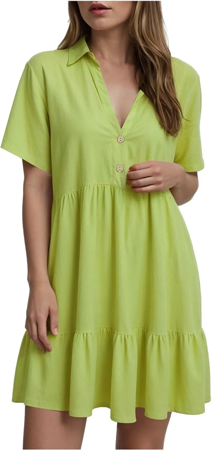 Women's Spring Summer Button-Down Shirt Dress Loose A-Line Midi Shift Tunic Dress Cotton Flowy Dress