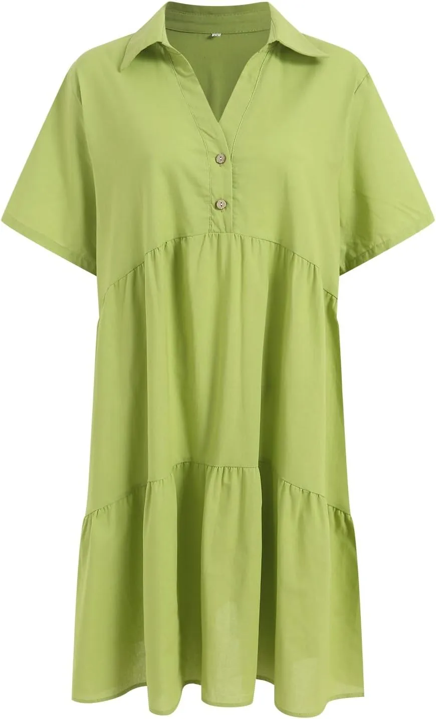 Women's Spring Summer Button-Down Shirt Dress Loose A-Line Midi Shift Tunic Dress Cotton Flowy Dress