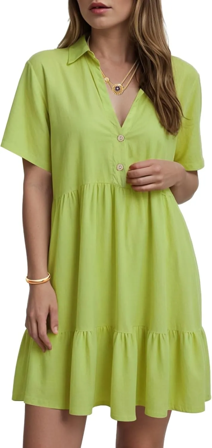 Women's Spring Summer Button-Down Shirt Dress Loose A-Line Midi Shift Tunic Dress Cotton Flowy Dress