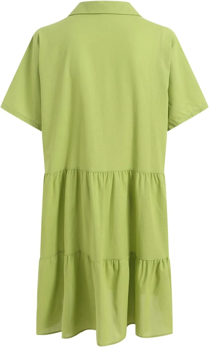 Women's Spring Summer Button-Down Shirt Dress Loose A-Line Midi Shift Tunic Dress Cotton Flowy Dress