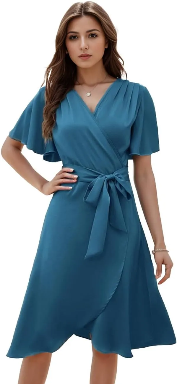 Womens Summer Satin Wrap Casual Dress V Neck Flared Sleeve Tie Front Waist Elegant Dress