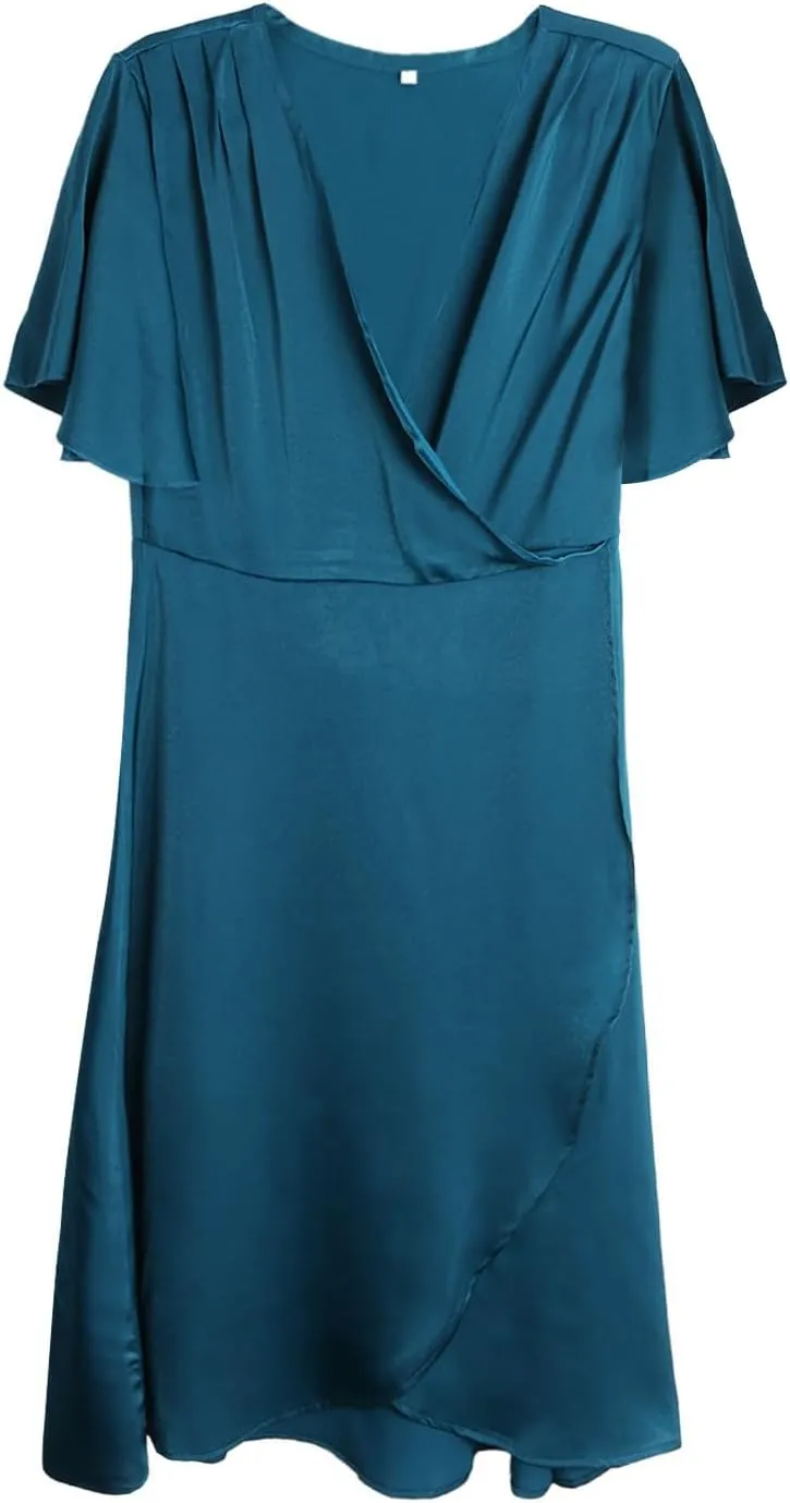 Womens Summer Satin Wrap Casual Dress V Neck Flared Sleeve Tie Front Waist Elegant Dress