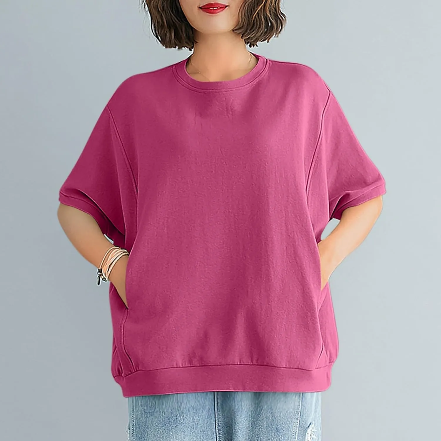 Women's Summer Short Sleeve Tops Crew Neck Oversize Pullover Basic Tee Shirt Blouse Casual Solid Shirts with Pockets