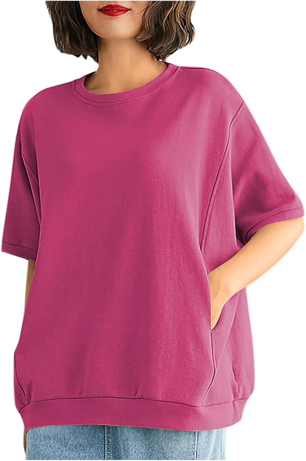 Women's Summer Short Sleeve Tops Crew Neck Oversize Pullover Basic Tee Shirt Blouse Casual Solid Shirts with Pockets