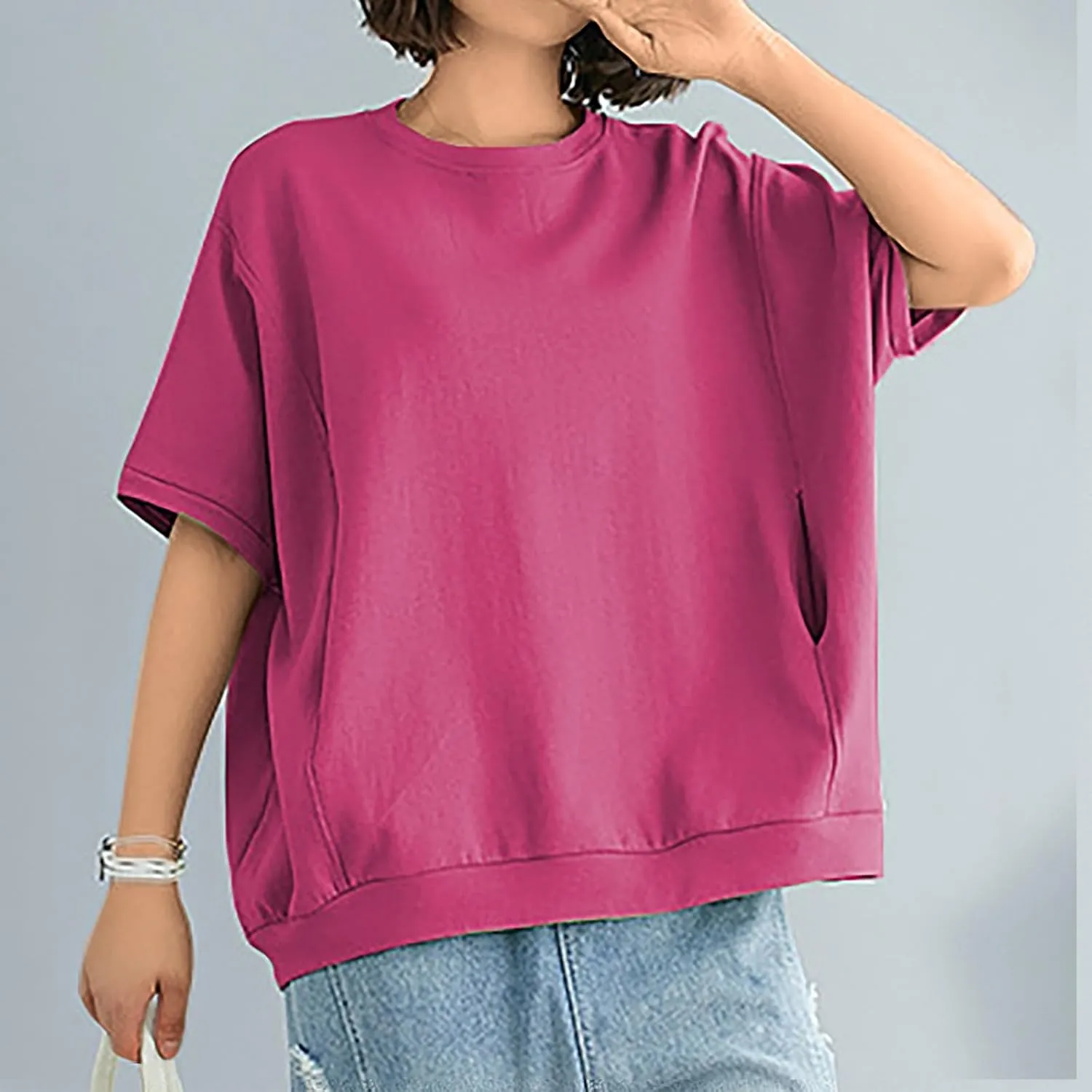 Women's Summer Short Sleeve Tops Crew Neck Oversize Pullover Basic Tee Shirt Blouse Casual Solid Shirts with Pockets