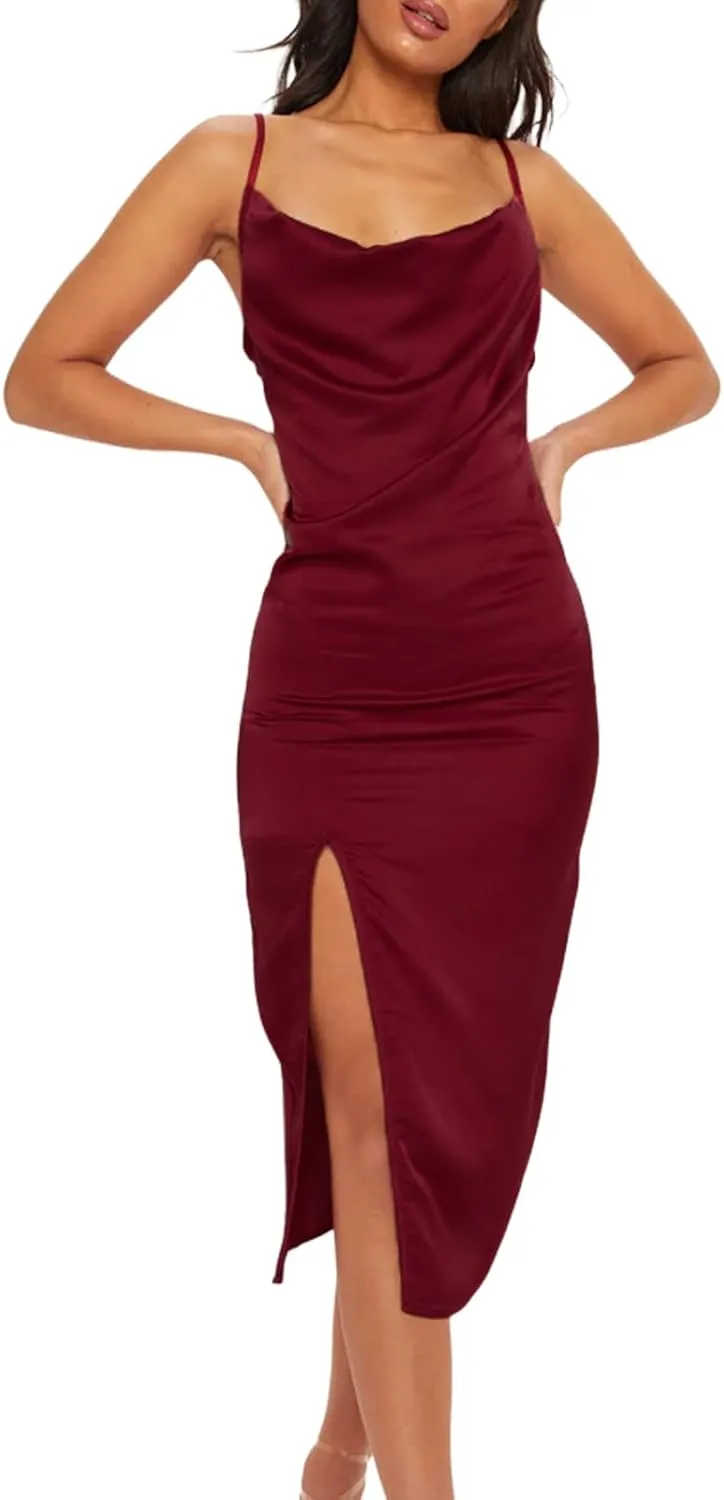 YouSexy Women's Sexy Sleeveless Spaghetti Strap Satin Dress Elegant Slip Nightgown Midi Dress