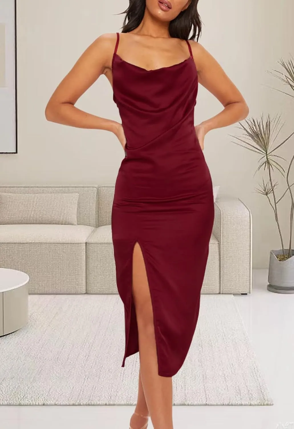 YouSexy Women's Sexy Sleeveless Spaghetti Strap Satin Dress Elegant Slip Nightgown Midi Dress