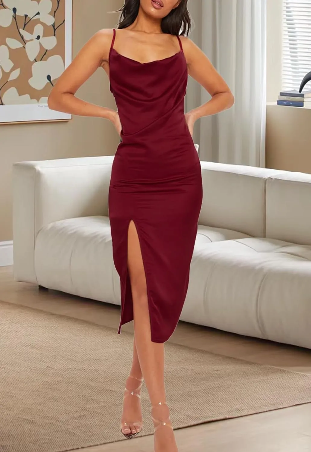 YouSexy Women's Sexy Sleeveless Spaghetti Strap Satin Dress Elegant Slip Nightgown Midi Dress