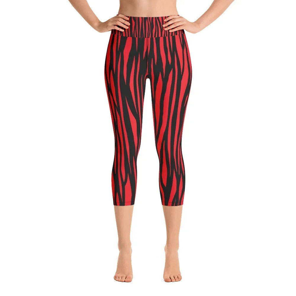 Zebra Print Red Yoga Capri Leggings - With Pockets